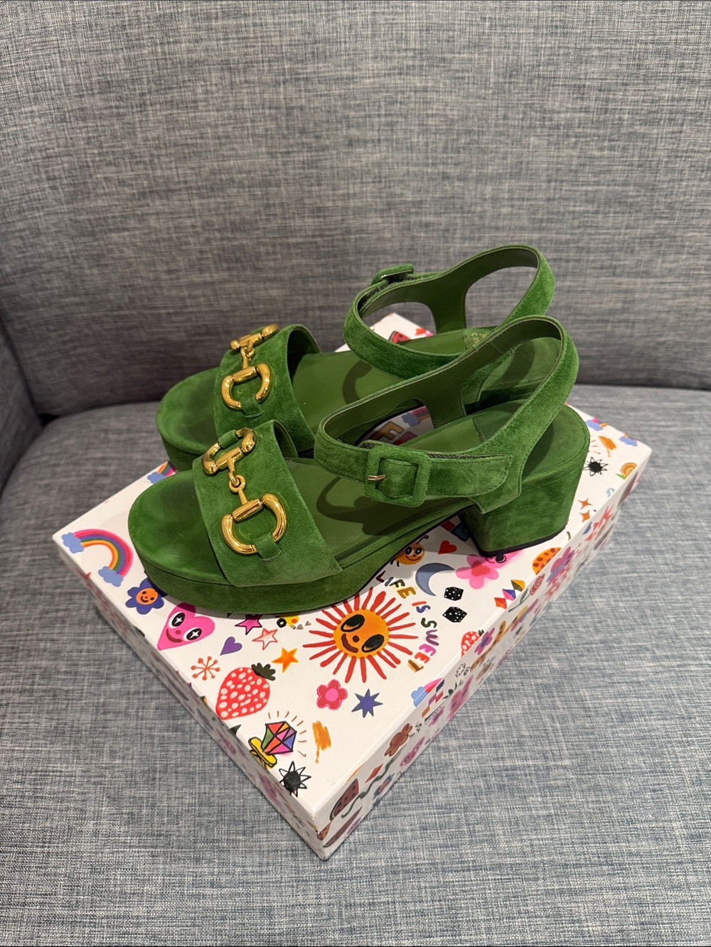 Jeffrey Campbell Green Suede Block Heel Sandals with Gold Buckle Detail